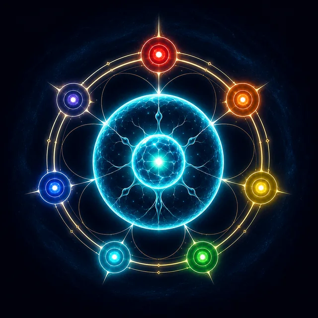 Circular Aethercell artwork with seven colored nodes around a luminous central cell