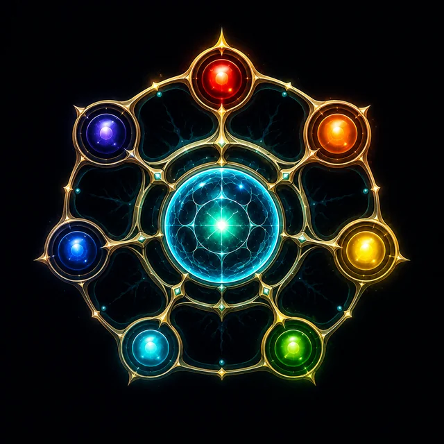 Turquoise central Aethercell linked to seven colored outer spheres