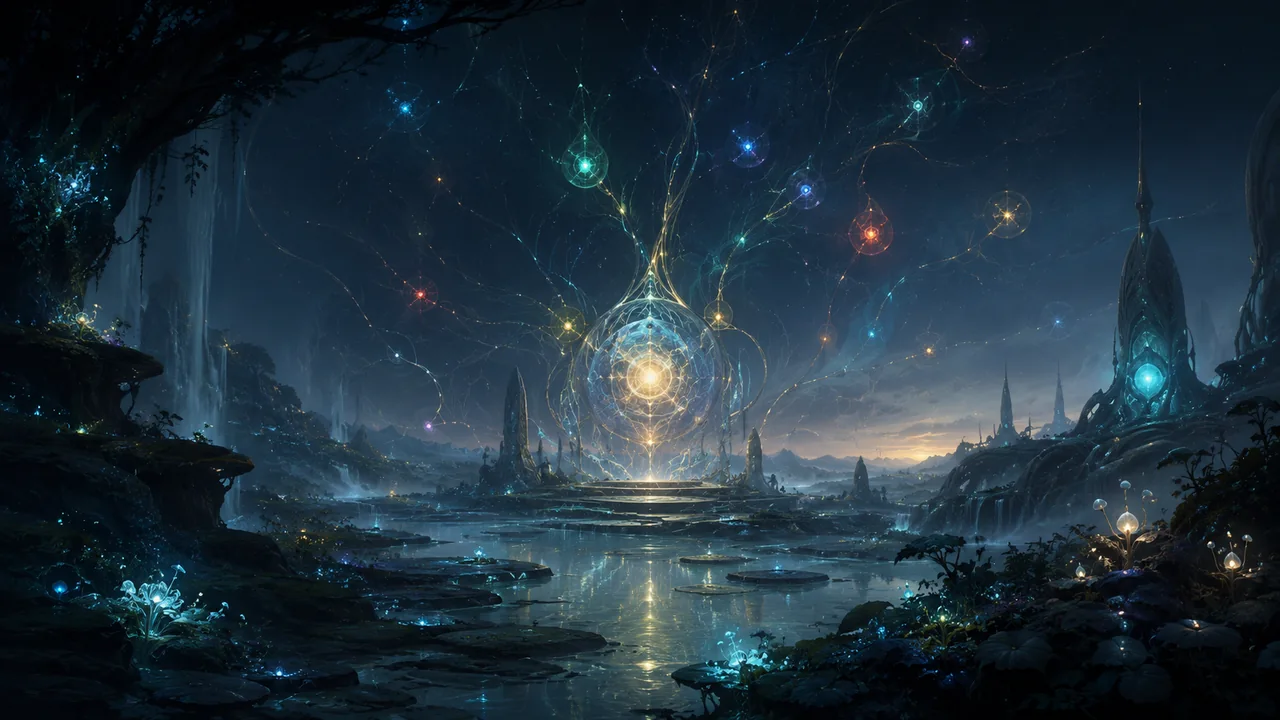Dark conceptual landscape centered on a luminous turquoise network of living cells